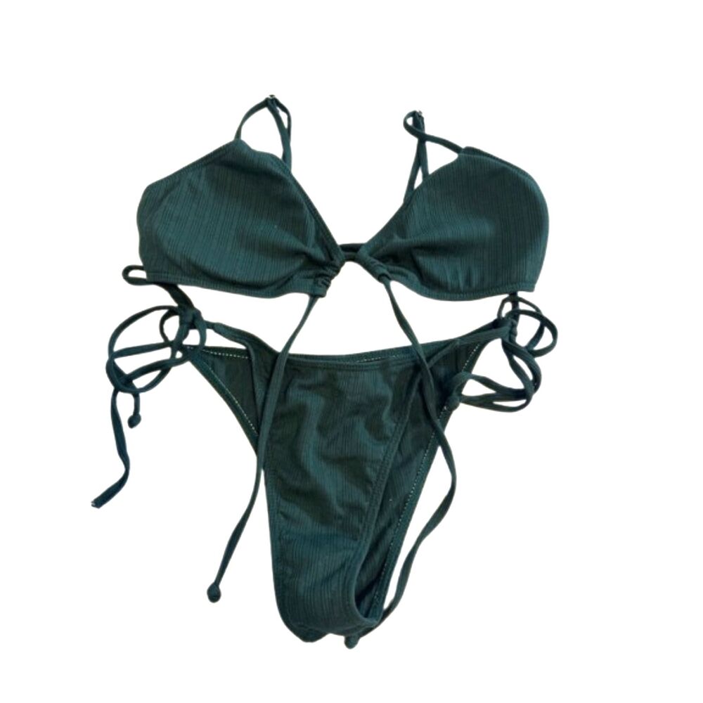 Bikini Swimsuit Womans Medium Vacation Resort Textured Tie Adjustable Green